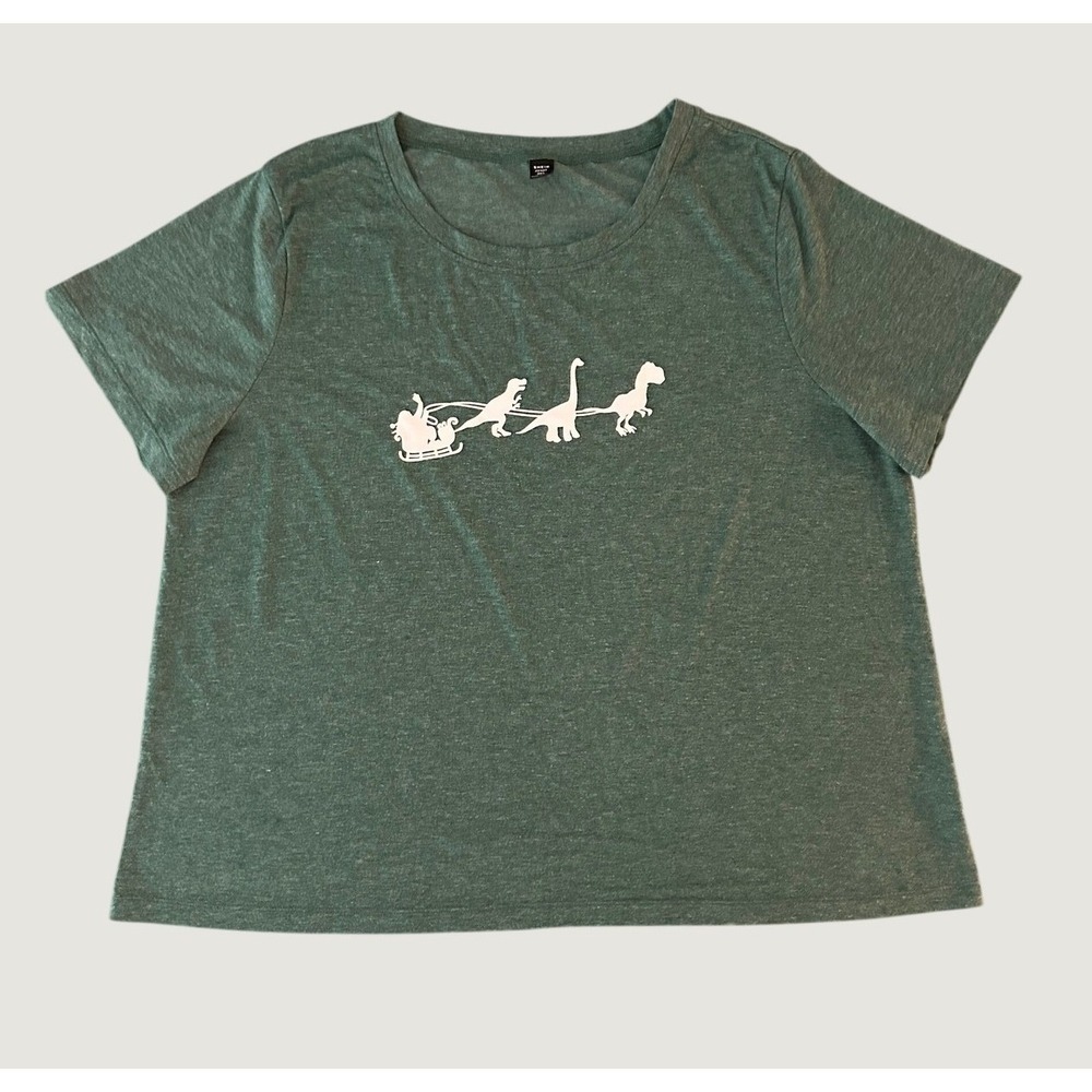 SHEIN Curve Womens 3XL Green Dinosaur Santa Sleigh Christmas Graphic TShirt 1413
